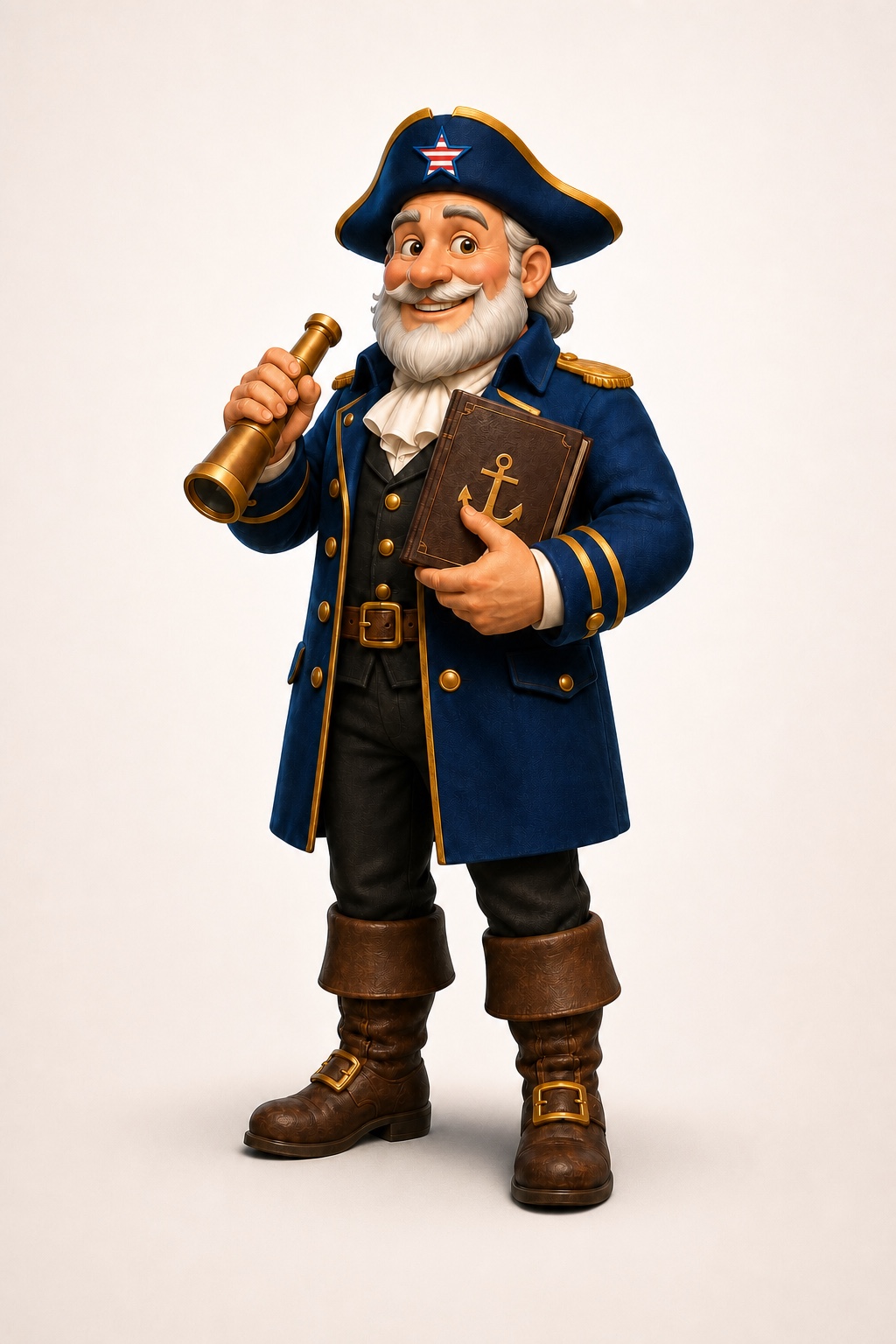Full-body portrait of Captain Clearwater, the calm mentor.