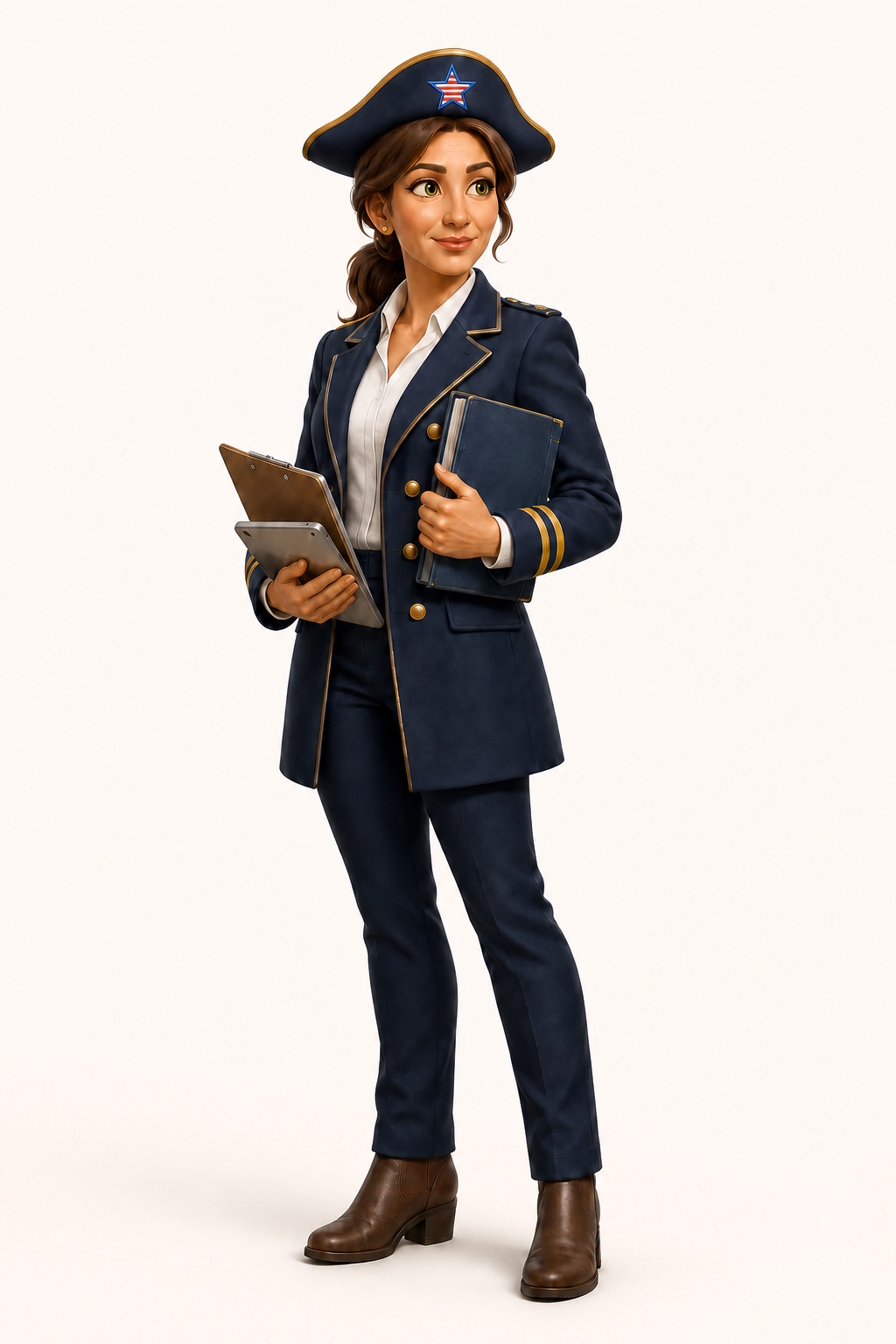 Full-body portrait of First Officer Harper, HR guide.
