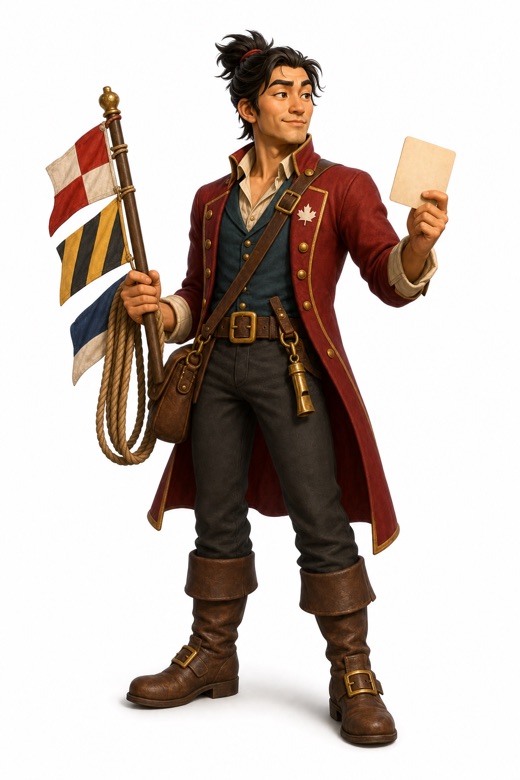 Full-body portrait of Kenji Watanabe, signals and rigging.