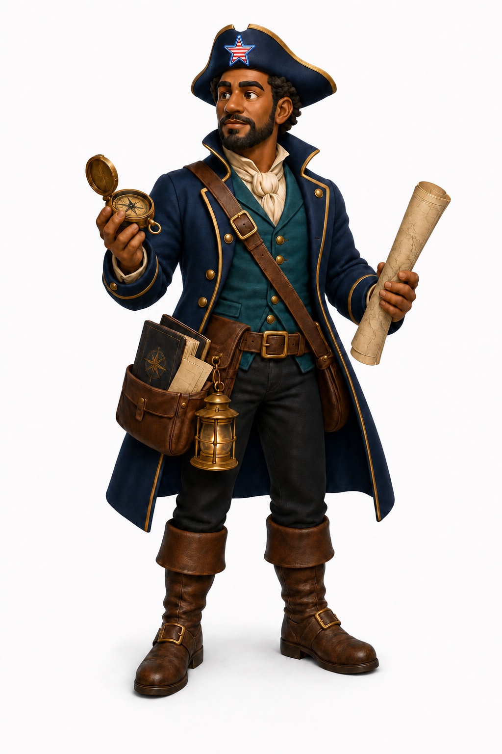 Full-body portrait of Navigator Elias Quill, chart room and signals.