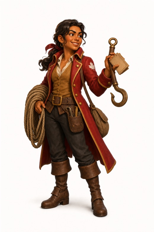 Full-body portrait of Valentina Quispe, cargo and rigging support.