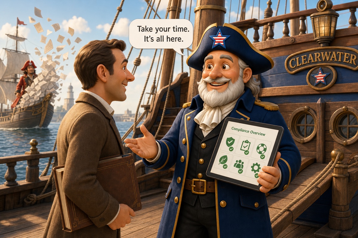 Captain Clearwater calmly welcomes a harbor inspector aboard with an all-green compliance dashboard while paperwork flies from Captain Contrary's distant ship.