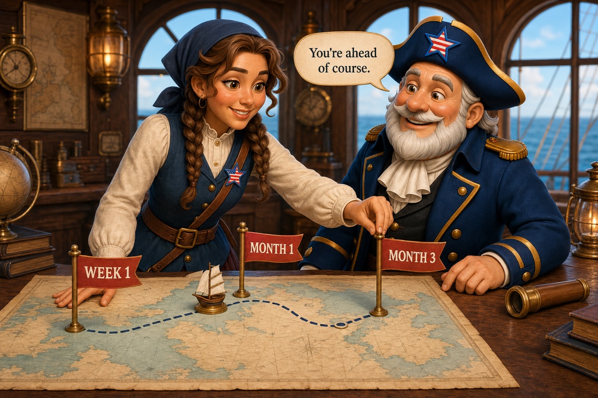 Captain Clearwater and Juni Bell review a 90-day voyage chart with Week 1, Month 1, and Month 3 milestone flags.