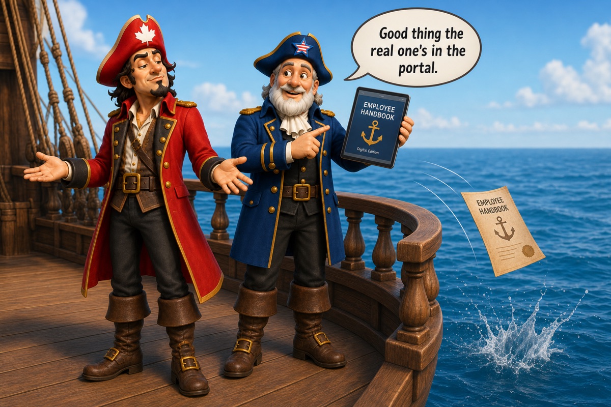 Captain Contrary watches his paper handbook blow into the sea as Captain Clearwater holds up a tablet and says, “Good thing the real one's in the portal.”