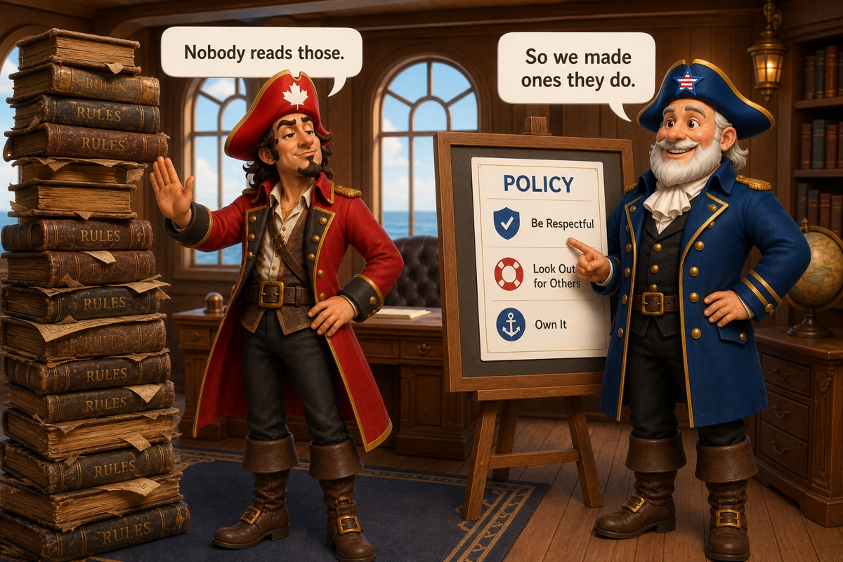 Captain Contrary dismisses a tower of dusty rule books while Captain Clearwater presents one clear illustrated policy card.