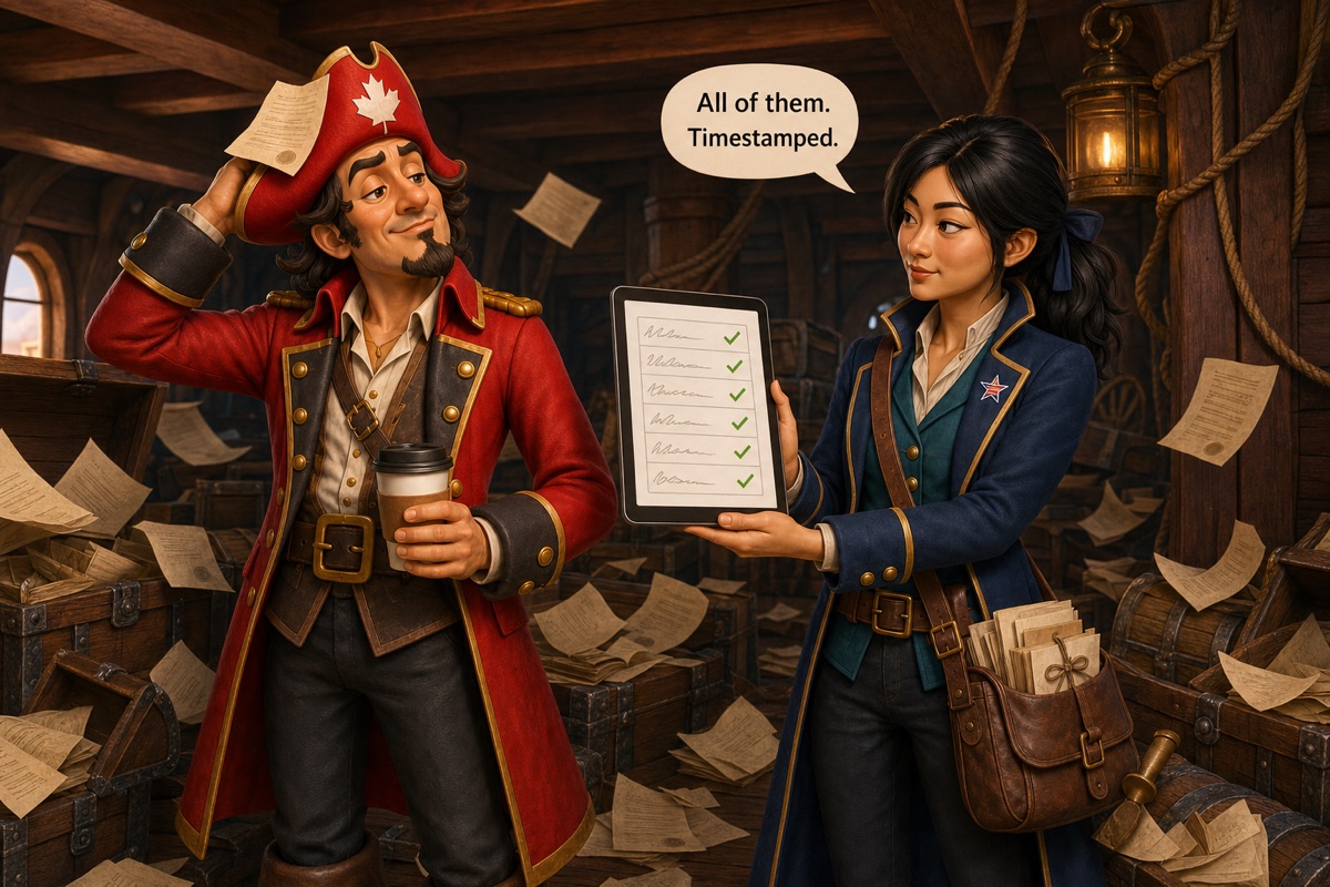 Captain Contrary stands amid audit-week paperwork while Hana Park shows a tidy list of timestamped acknowledgments.