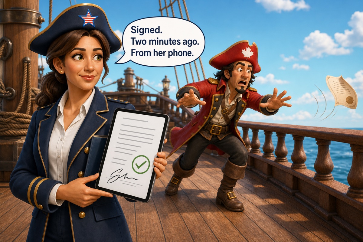 Captain Contrary safely reaches for a windblown paper offer while First Officer Harper holds the already-signed digital offer.