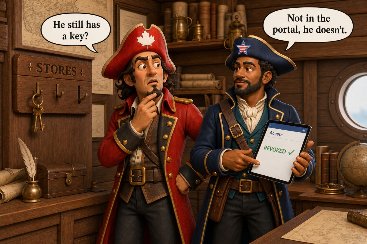 Captain Contrary discovers an unreturned stores key while Navigator Elias Quill shows the access already revoked in the portal.