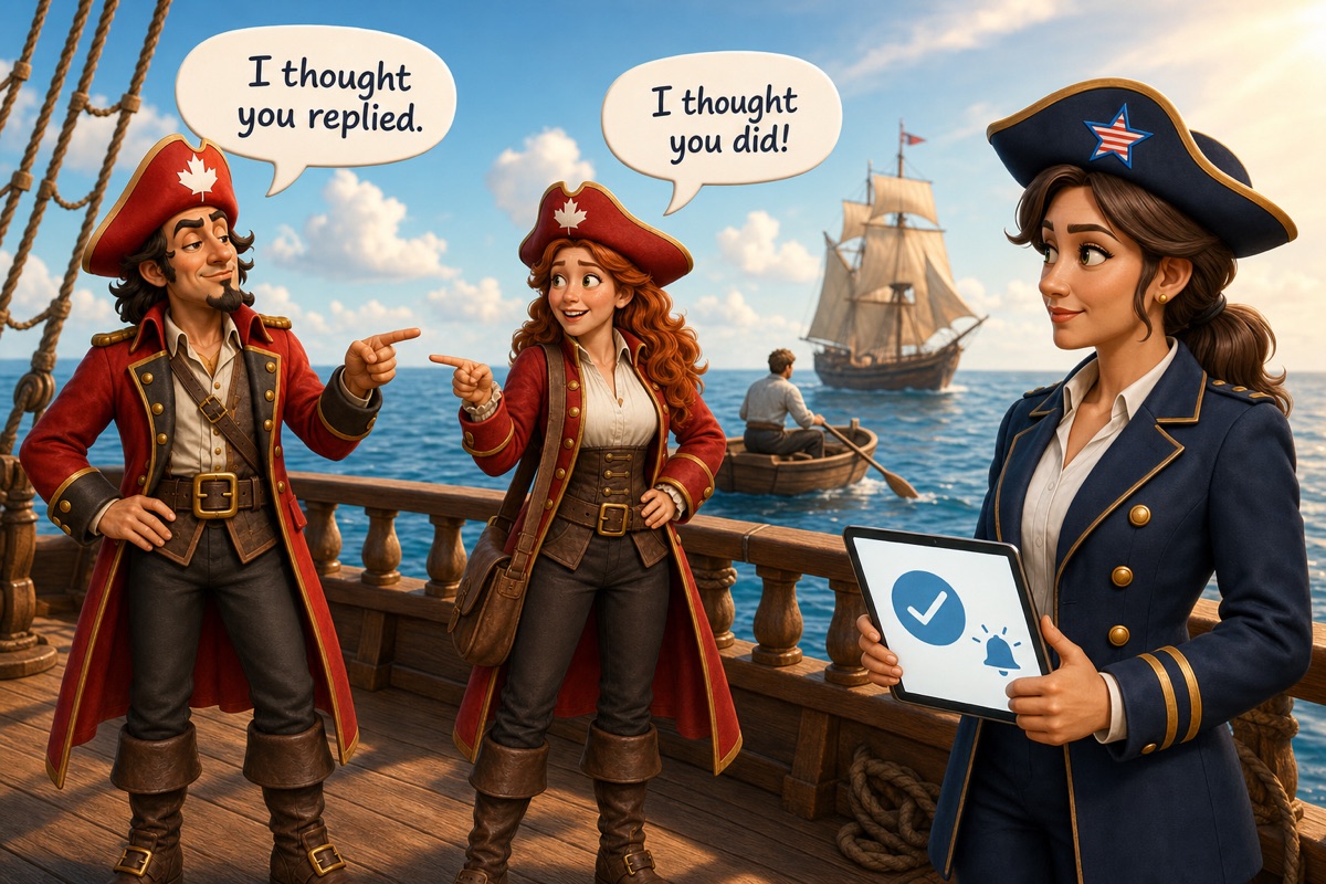 Captain Contrary and Scally Briggs each thought the other replied as a candidate rows away and Harper's automated status update goes out.