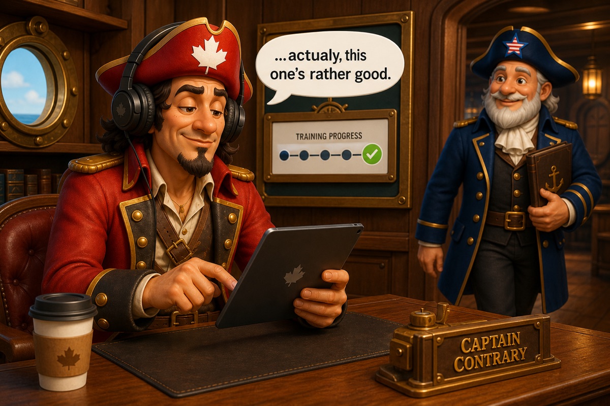 Captain Contrary is absorbed in a training module on a tablet while Captain Clearwater passes by with an approving nod and the dashboard shows completion.