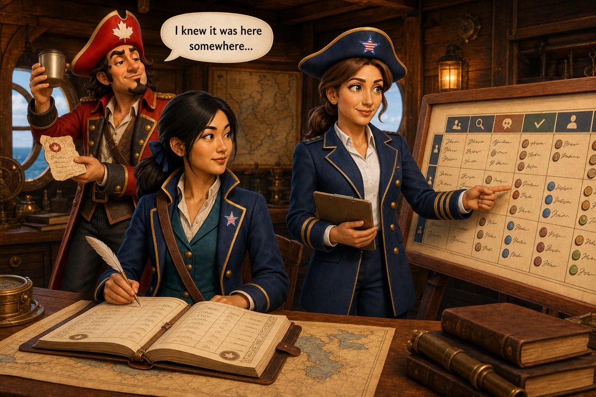 Hana Park keeps an ordered manifest and Harper reviews a matching candidate board while Captain Contrary finds a resume under his coffee mug and says, “I knew it was here somewhere.”