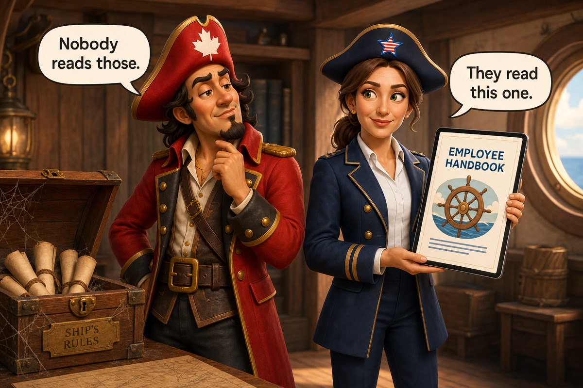First Officer Harper shows Captain Contrary an illustrated digital handbook beside a dusty chest of scrolls. Contrary says, “Nobody reads those.” Harper answers, “They read this one.”