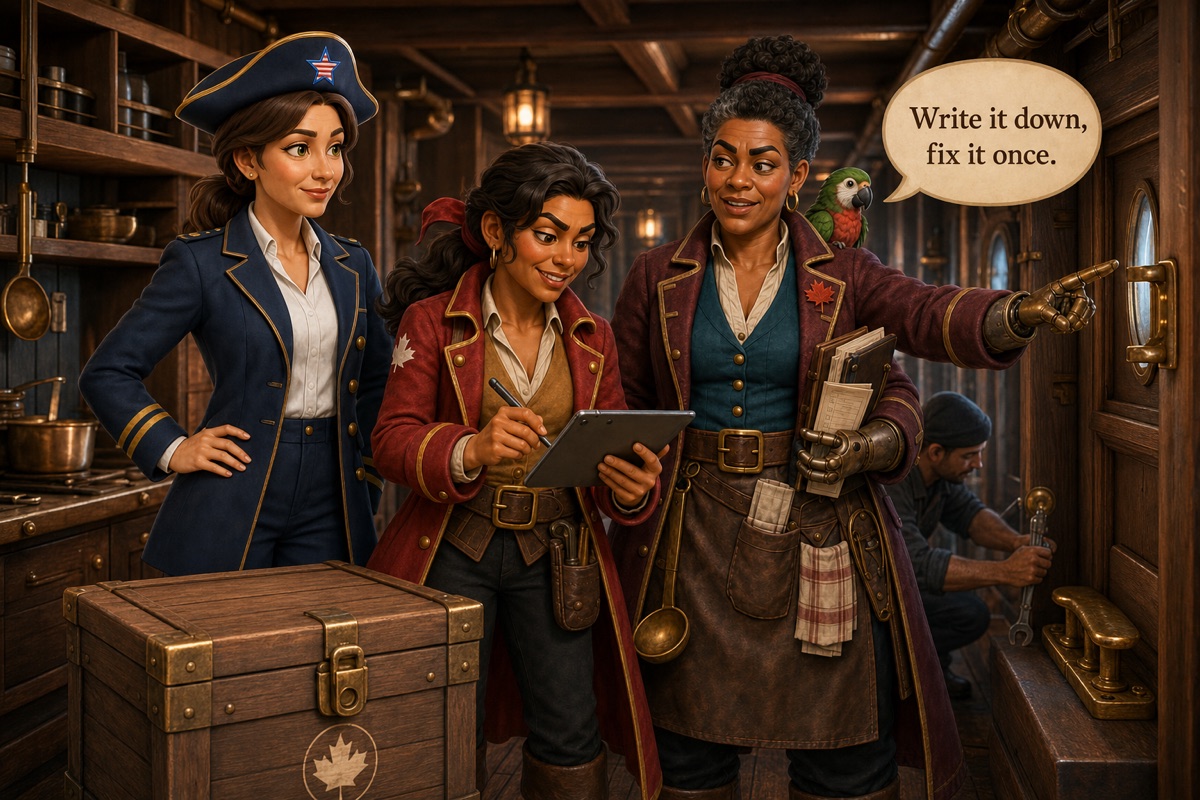 Valentina Quispe files an incident report as First Officer Harper reviews it and Mara Finch points to a repair already in progress.