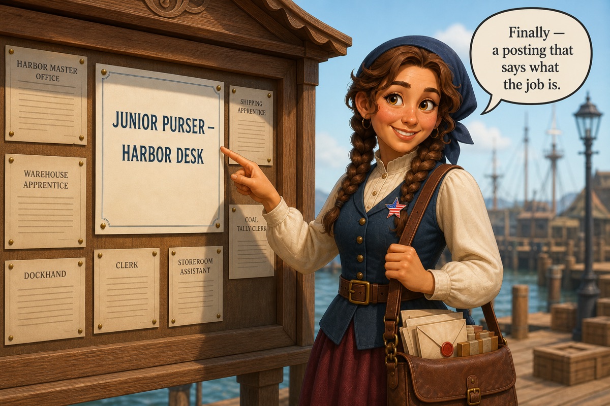 Juni Bell finds a clear posting titled “Junior Purser — Harbor Desk” and says, “Finally — a posting that says what the job is.”