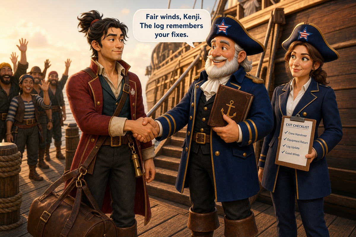 Kenji Watanabe shakes Captain Clearwater's hand at the gangway while Harper holds the completed exit checklist and the crew waves.