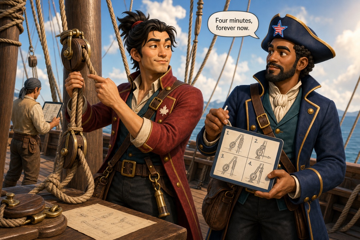 Kenji Watanabe demonstrates a rigging fix while Navigator Elias Quill records it as a reusable illustrated procedure.