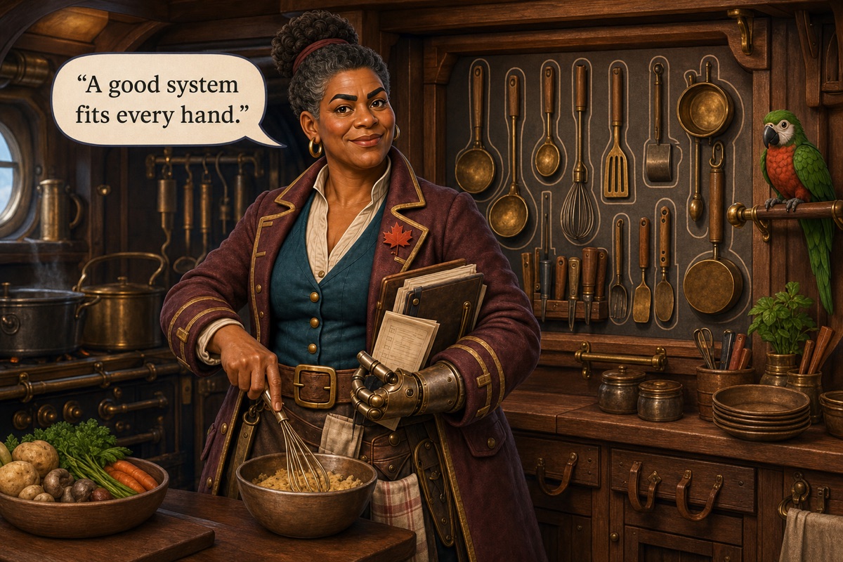 Mara Finch works confidently with her prosthetic hand in a well-designed galley while her parrot rests on a purpose-built perch and every tool has a place.