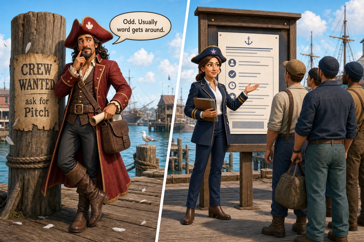 Pitch Marlowe stands beside a vague, tattered job poster and says, “Odd. Usually word gets around,” while Harper's clear posting draws a queue at the harbor board.