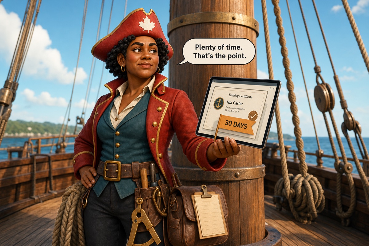 Boatswain Nia Carter checks an amber 30-day certificate-expiry notice on a tablet, already planning the renewal.