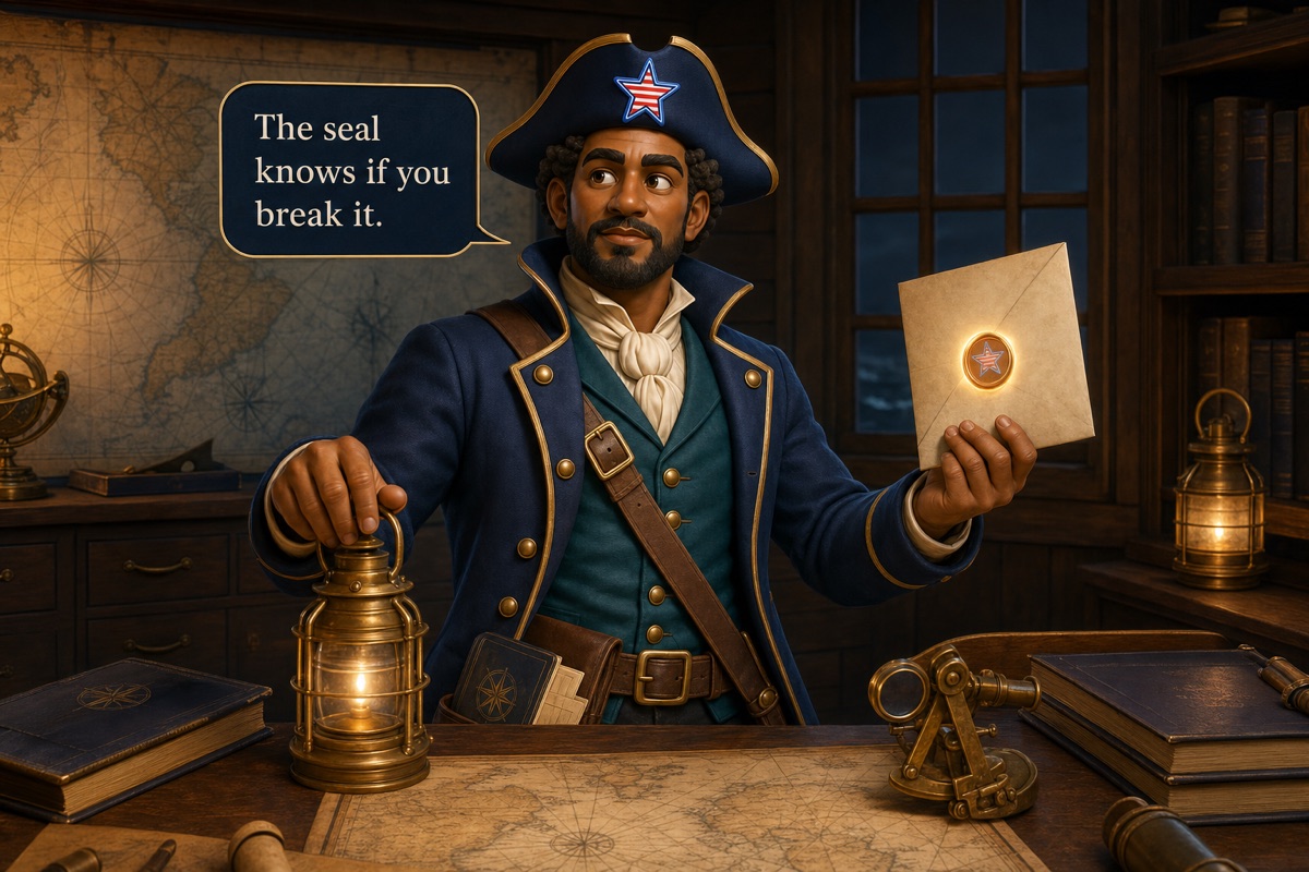 Navigator Elias Quill presents a sealed document whose glowing wax seal acts as a digital integrity badge.