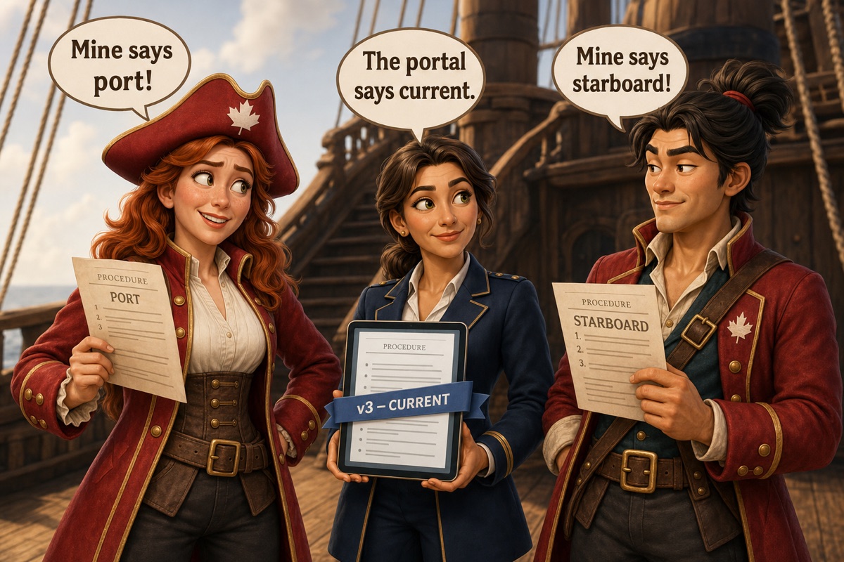 Scally Briggs and Kenji Watanabe hold different editions of a procedure while First Officer Harper shows the single current version in the portal.