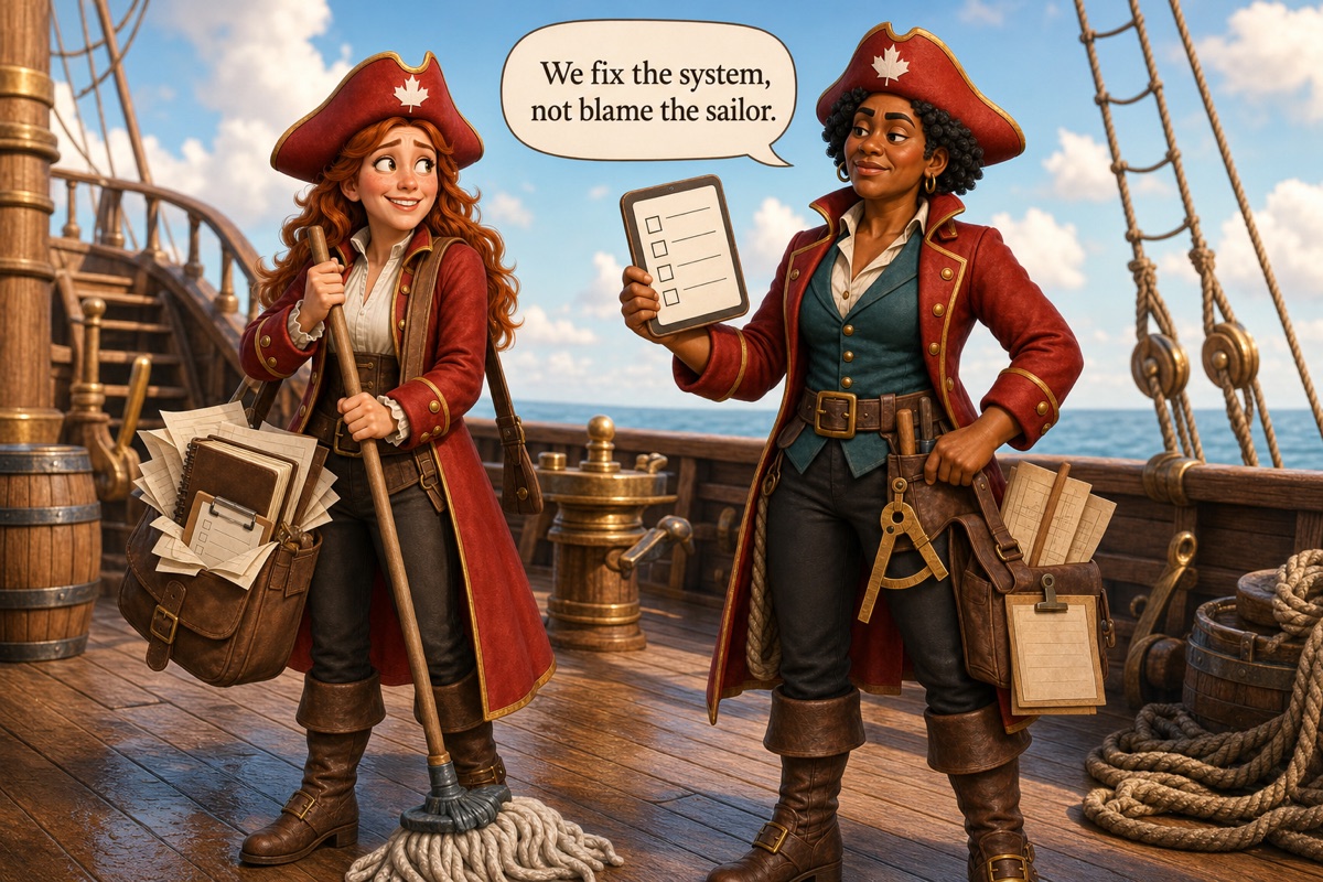 Scally Briggs cheerfully holds a mop on deck while Boatswain Nia Carter shows an unchecked onboarding checklist and says, “We fix the system, not blame the sailor.”