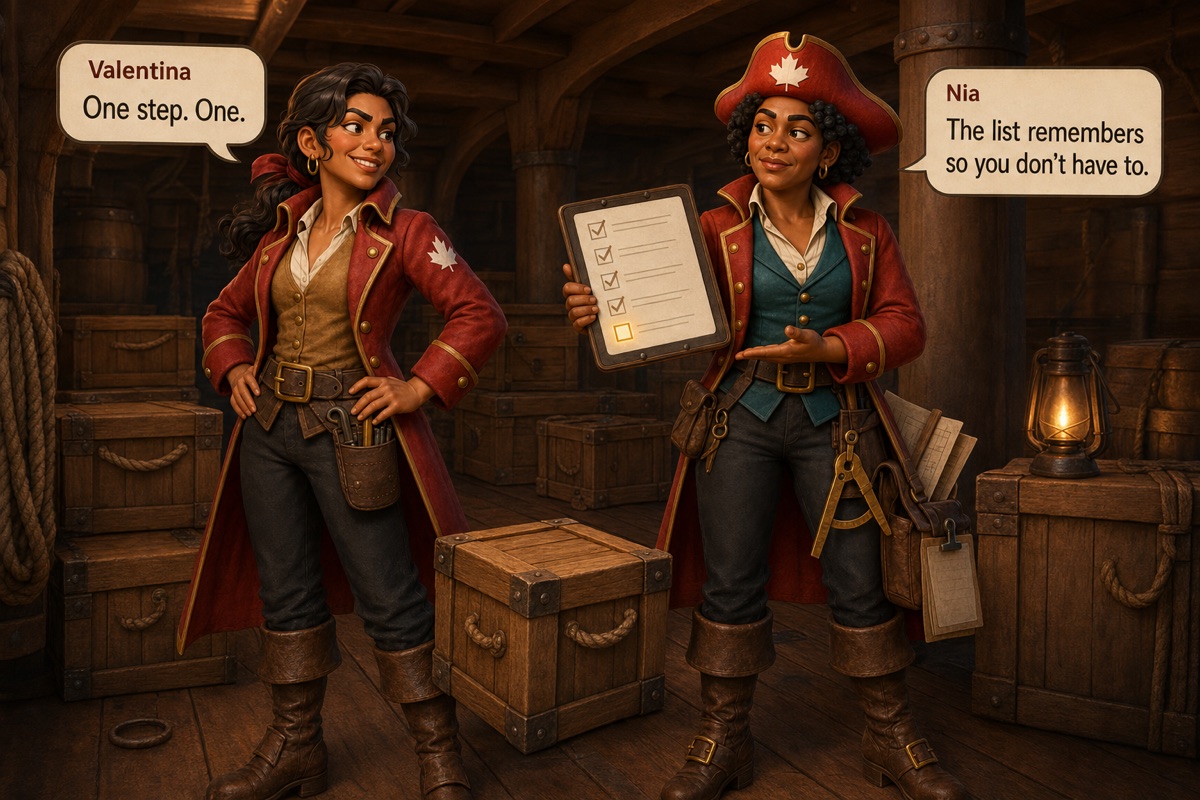 Valentina Quispe eyes a harmlessly shifted crate while Boatswain Nia Carter shows the checklist's one missed tie-down step.